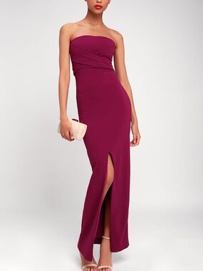 Lulus Burgundy Strapless Maxi Dress XS Bodycon Formal Slit Evening Wedding Guest